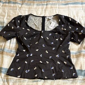 White House Black Market Black Blouse with Blue and White Petal Design